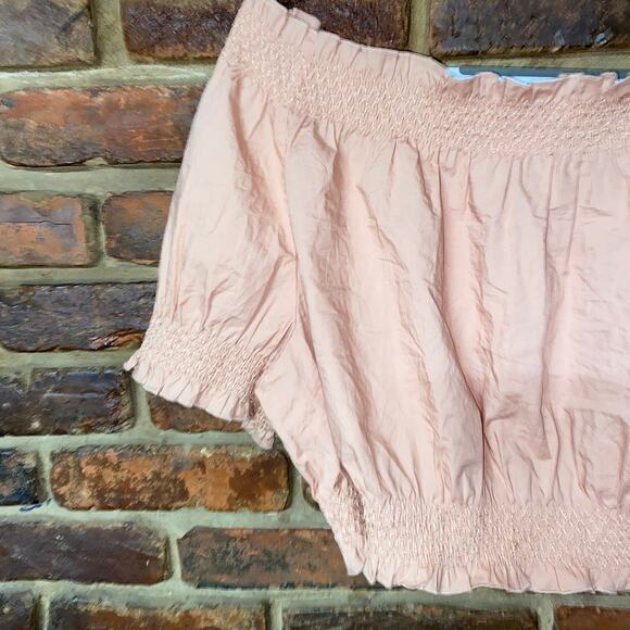 NWT J. Crew Pink Off The Shoulder Puff Sleeve Smocked Crop Top Womens Size Large - Picture 2 of 7